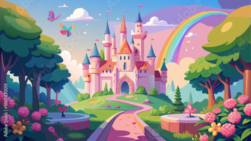 Fairy tale castle with rainbow and beautiful garden