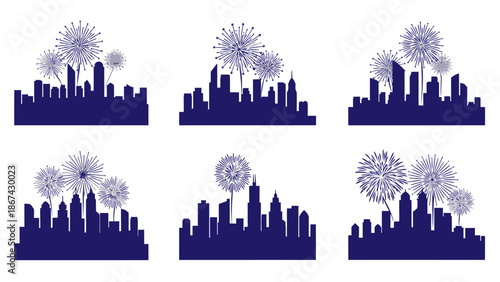 Silhouettes of city skylines with fireworks displays vector illustration