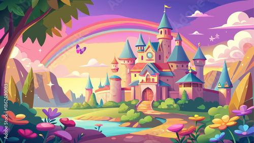 Magical castle surrounded by rainbow and flowers