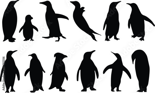 Silhouette vector illustration of penguins in various poses, walking, standing, diving, ideal for wildlife, nature, and animal-themed designs.