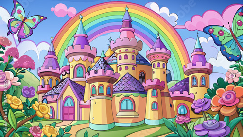 Magical castle surrounded by rainbow and flowers