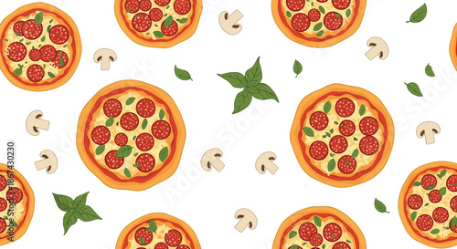 Seamless food pattern with pepperoni pizzas, fresh basil leaves, and sliced mushrooms on a clean white background for design.
