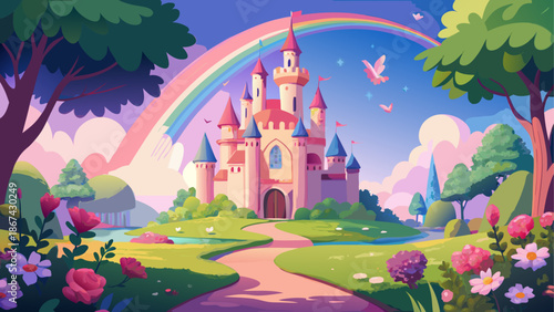 Magical castle surrounded by beautiful landscape and rainbow