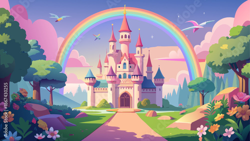 Magical castle under rainbow sky with vibrant landscape