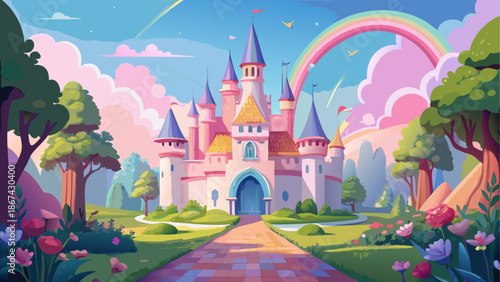 Magical castle surrounded by lush greenery and rainbow