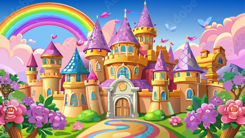 Magical castle under rainbow sky with beautiful flowers
