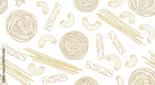 Seamless pattern of various types of uncooked pasta in a delicate, hand-drawn line art style on a white background design.