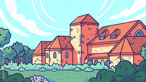 Historic building with tower and surrounding greenery