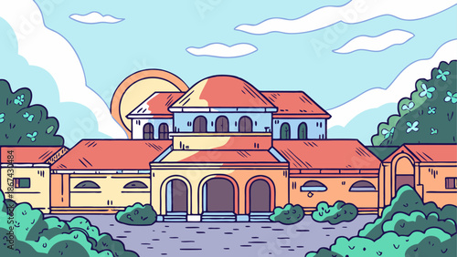 Beautiful villa with orange roof and dome shaped building