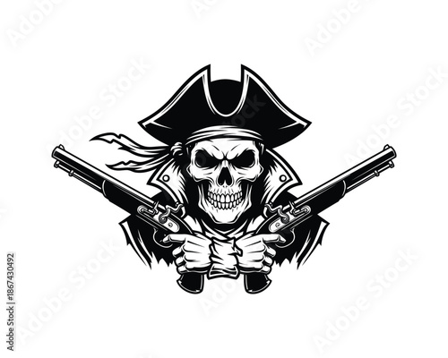 Pirate skull head wearing hat, Smiling Pirate skull holding cross sword and Pistol, Pirate emerging from smoke, Pirate  holding Pistol and Sword, Pirate wearing hat vector silhouette illustration 