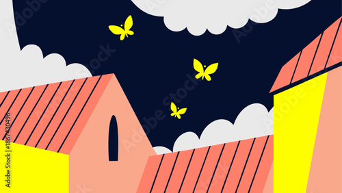 Butterflies flying over houses with red roofs