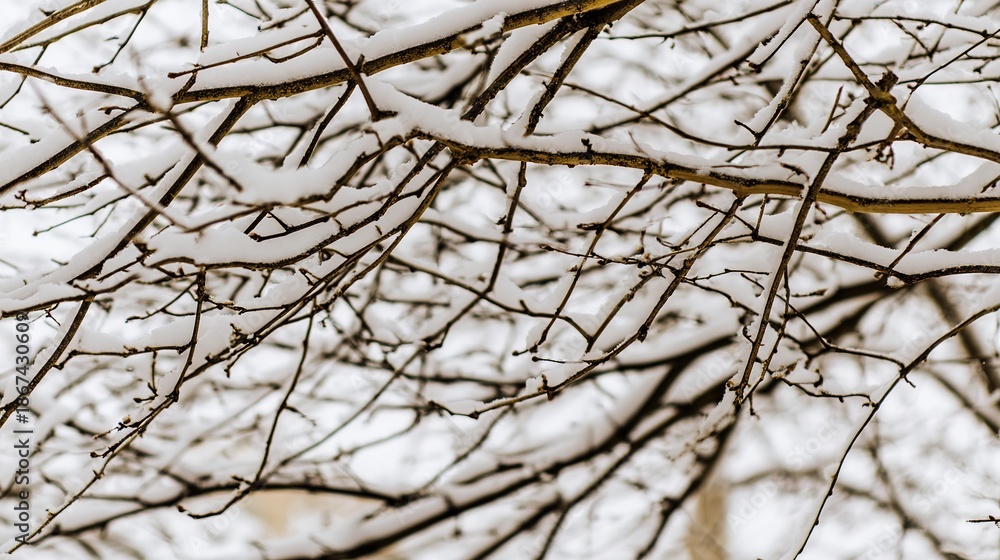 Fototapeta premium bare. Winter tree branches covered in thin snow, overcast sky, peaceful mood. gardening catalogs, home-decor guides, designed for gardening and botanical catalogs and home decor and floral branding.