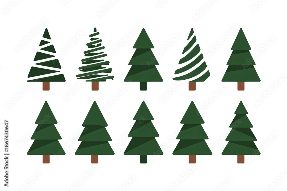 Obraz premium Christmas Trees Collection in Various Styles and Patterns on White Background for Holiday Decor