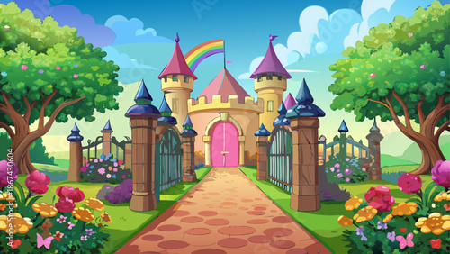 Fairy tale castle with rainbow and flowers