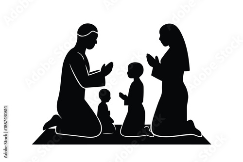 A family of four in black silhouette kneeling and praying together on a mat with hands raised in a gesture of supplication and devotion in a simple white