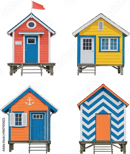 Colorful beach huts vector illustration set, wooden summer houses on stilts for seaside and vacation design