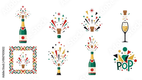 Festive champagne bottle and cork illustrations for celebration and events