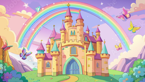 Magical castle under rainbow sky with butterflies