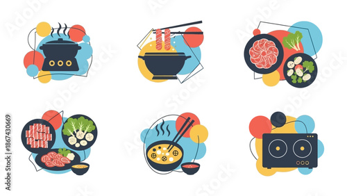 Illustrated cooking icons featuring steaming pots ingredients and colorful designs