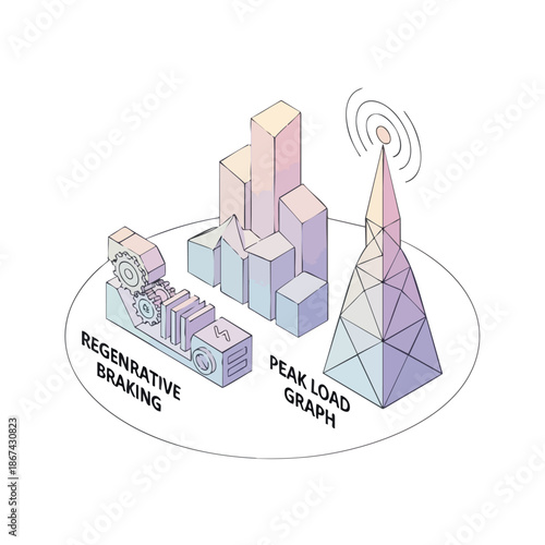 Conceptual isometric illustration showing regenerative braking, peak load graph, and communication tower, representing modern energy management and smart technology.