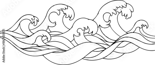 Japanese style ocean waves illustration in black line art, rhythmic sea surf pattern for traditional oriental background