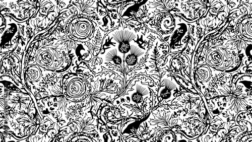 Intricate gothic floral seamless pattern with ravens and thistles, black and white Victorian style engraving for wallpaper