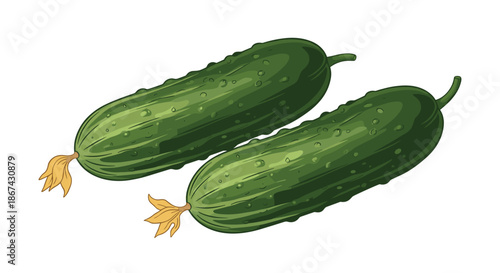 Hand-drawn illustration of two fresh green cucumbers with blossoms, depicted in a detailed, realistic vintage art style vector.