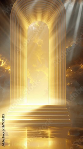 A glowing golden archway portal stands on a reflective water surface, bathed in dramatic heavenly light rays breaking through dark clouds.