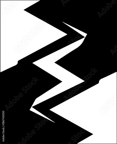 Minimalist black and white split zigzag pattern, geometric symmetry design with contrasting halves, sharp modern graphic element.
