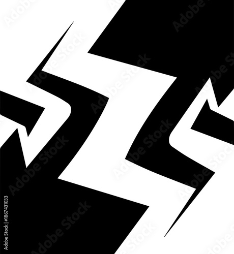 Abstract black and white split zigzag graphic, minimalist geometric design with inverted color blocks, modern sharp angular art.