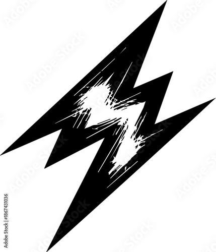 Stylized black and white lightning bolt illustration, abstract electric symbol with internal sketchy line textures, sharp energetic graphic.