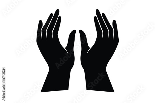 A pair of black silhouette hands raised upwards with palms facing outwards on a white background with graphic and illustration