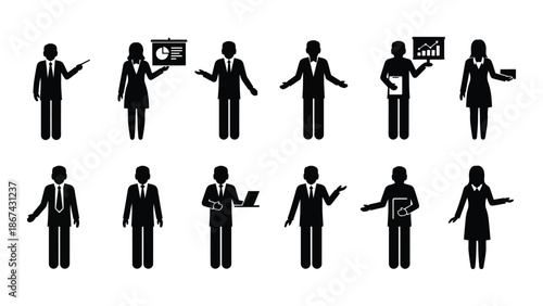 A collection of black silhouette icons depicting various business professionals