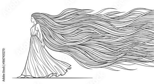 Elegant black and white engraving-style illustration of a woman in a long dress with her very long hair flowing behind her.