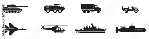 Military vehicle silhouette icon set with tanks, aircraft, helicopters, ships and trucks, black army transport symbols for defense design. Vector Illustration.