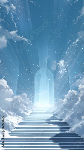 A majestic stairway ascends through fluffy white clouds towards a glowing arched gateway, bathed in radiant golden light rays and shimmering stars.