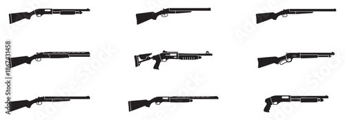 Shotguns icon set. Shotguns silhouette. Pump-action shotgun silhouette, firearm icon, weapon illustration, tactical gun, hunting gear, black and white vector, minimal design, safety concept.