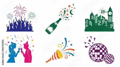 Celebratory party elements fireworks champagne cityscape and disco balls