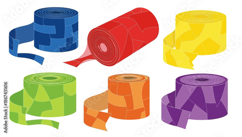 Colorful rolls of tape arranged on white background vector illustration