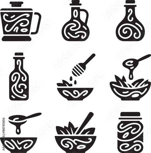 Oil, vinegar, honey, salad, dressing, bottle, bowl, cooking, sauce, jar, liquid, food, kitchen, organic, swirl