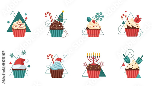 Festive cupcake collection holiday themed baked goods on white background