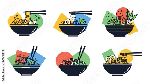 Stylized bowls of ramen noodles with chopsticks on colorful backgrounds