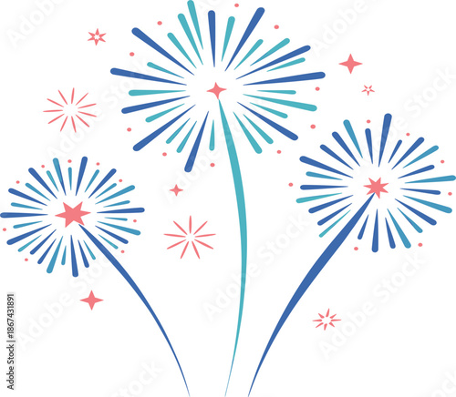 Colorful fireworks display vector illustration, festive pyrotechnics with stars for celebration and holiday event party design