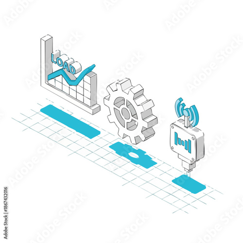 An isometric illustration visualizes data analysis, system optimization, and wireless communication, representing modern technological progress and interconnected digital solutions.