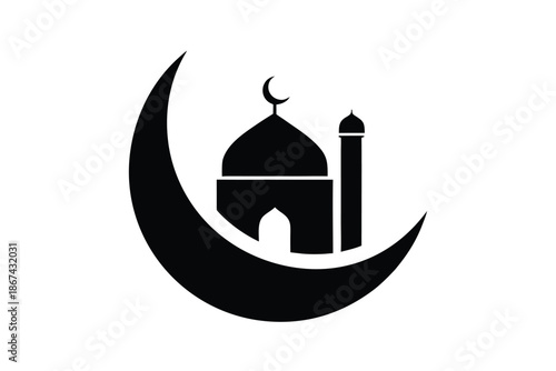 Islamic crescent moon symbol with mosque silhouette on white background for ramadan or eid celebrations with icon