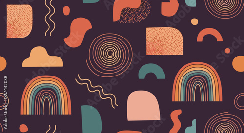 A trendy seamless pattern featuring abstract organic shapes, rainbows, spirals, and doodles with a textured effect, presented in a warm, retro color palette.
