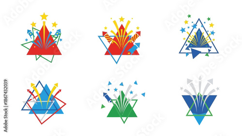 Colorful fireworks display set against geometric triangles designs