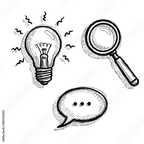 A collection of hand-drawn sketch icons representing essential concepts like bright ideas, focused searching, and thoughtful communication, perfect for creative projects.