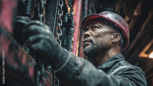 Wallpaper Mural A bearded Black man in a hard hat inspects heavy industrial chains and machinery Torontodigital.ca
