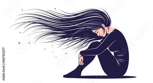 A poignant vector illustration of a sad and lonely woman sitting with her knees to her chest, her long dark hair flowing dramatically in the wind.